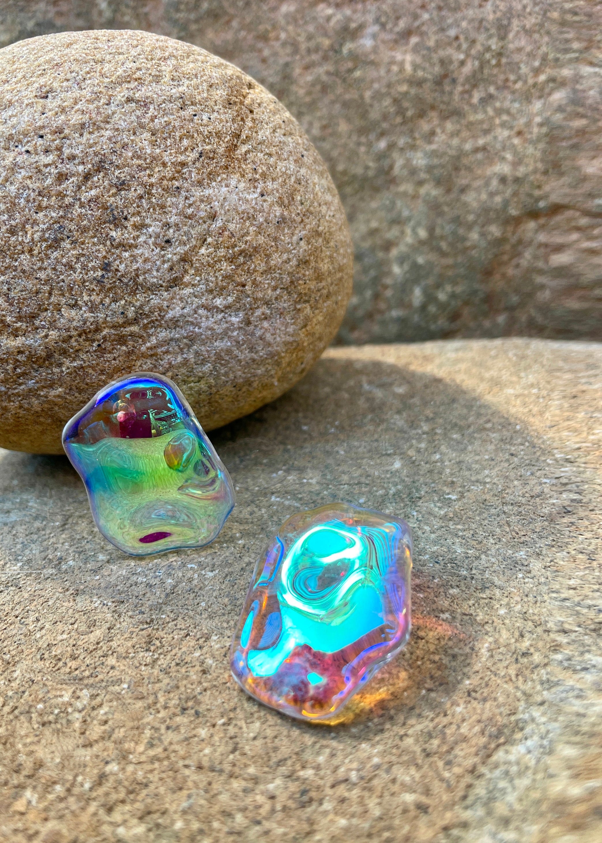 Holographic glass earrings handcrafted by Julie Thevenot