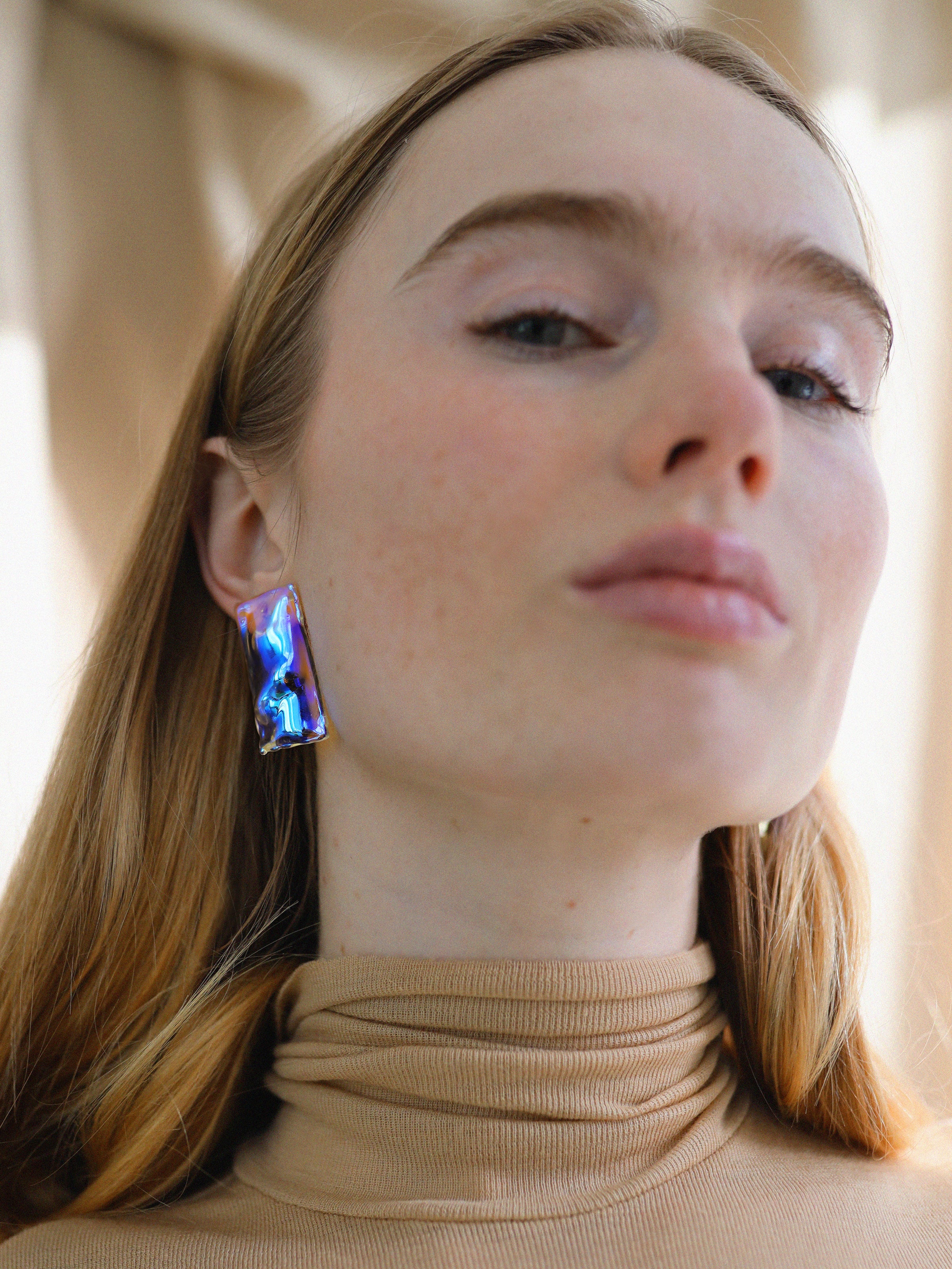 Handcrafted holographic glass earrings made in NYC by Julie Thevenot Jewelry